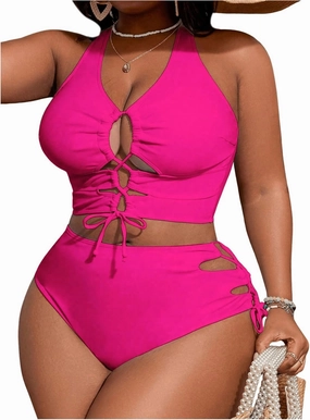 SOLY HUX Women's Plus Size Bikini Set Sexy Swimsuit Lace Up Tummy Control 2 Piece Bathing Suit