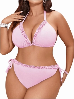 SOLY HUX Women's Plus Size Halter Bikini Set Frill Trim Tie String Swimsuit Bathing Suit Beachwear