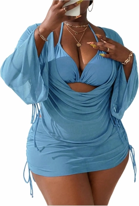 SOLY HUX Women's Plus Size Sexy 4 Piece Swimsuits Halter Bikini Sets with Drawstring Long Sleeve Cover Up Bathing Suit