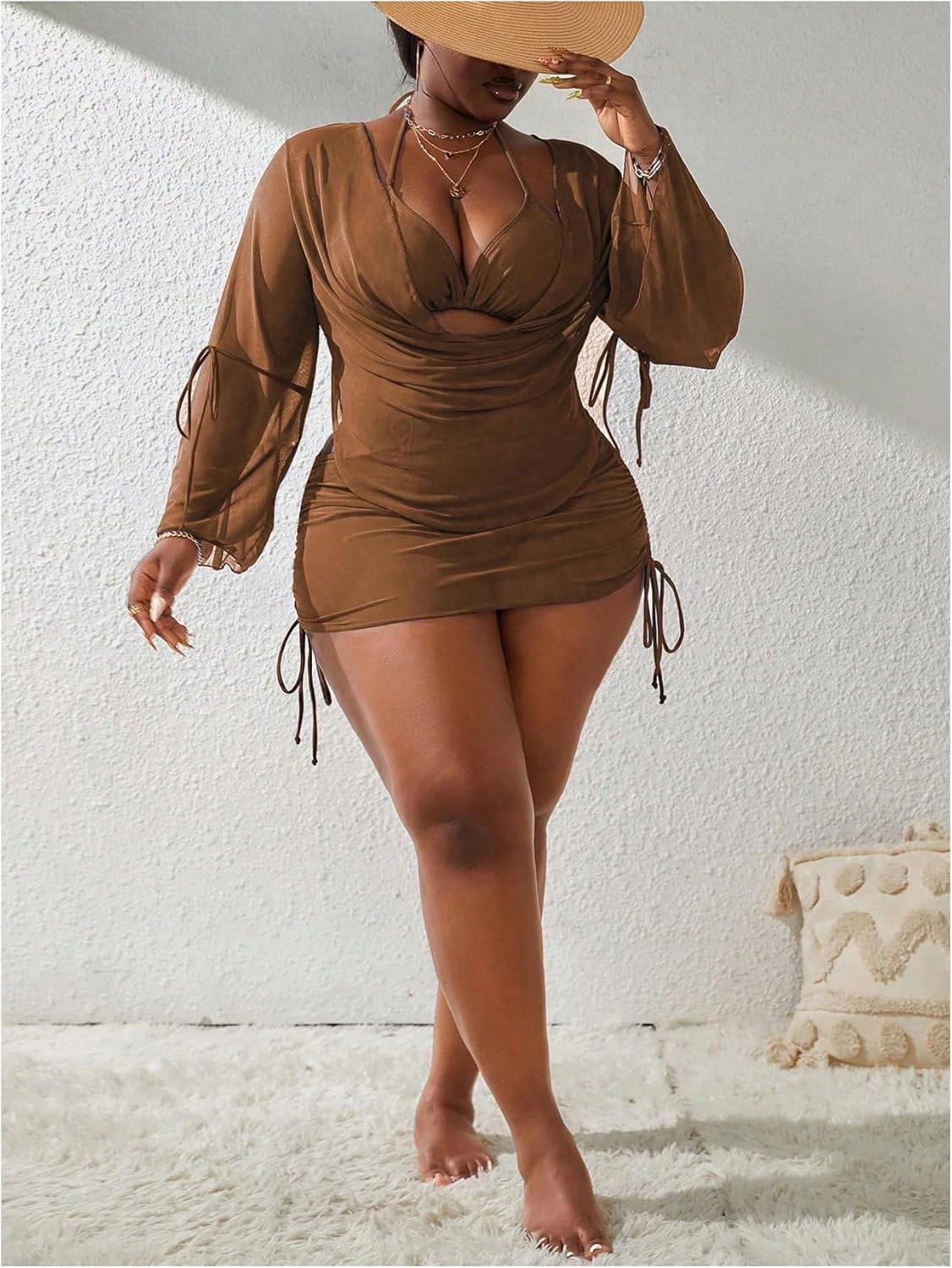 SOLY HUX Women's Plus Size Sexy 4 Piece Swimsuits Halter Bikini Sets with Drawstring Long Sleeve Cover Up Bathing Suit