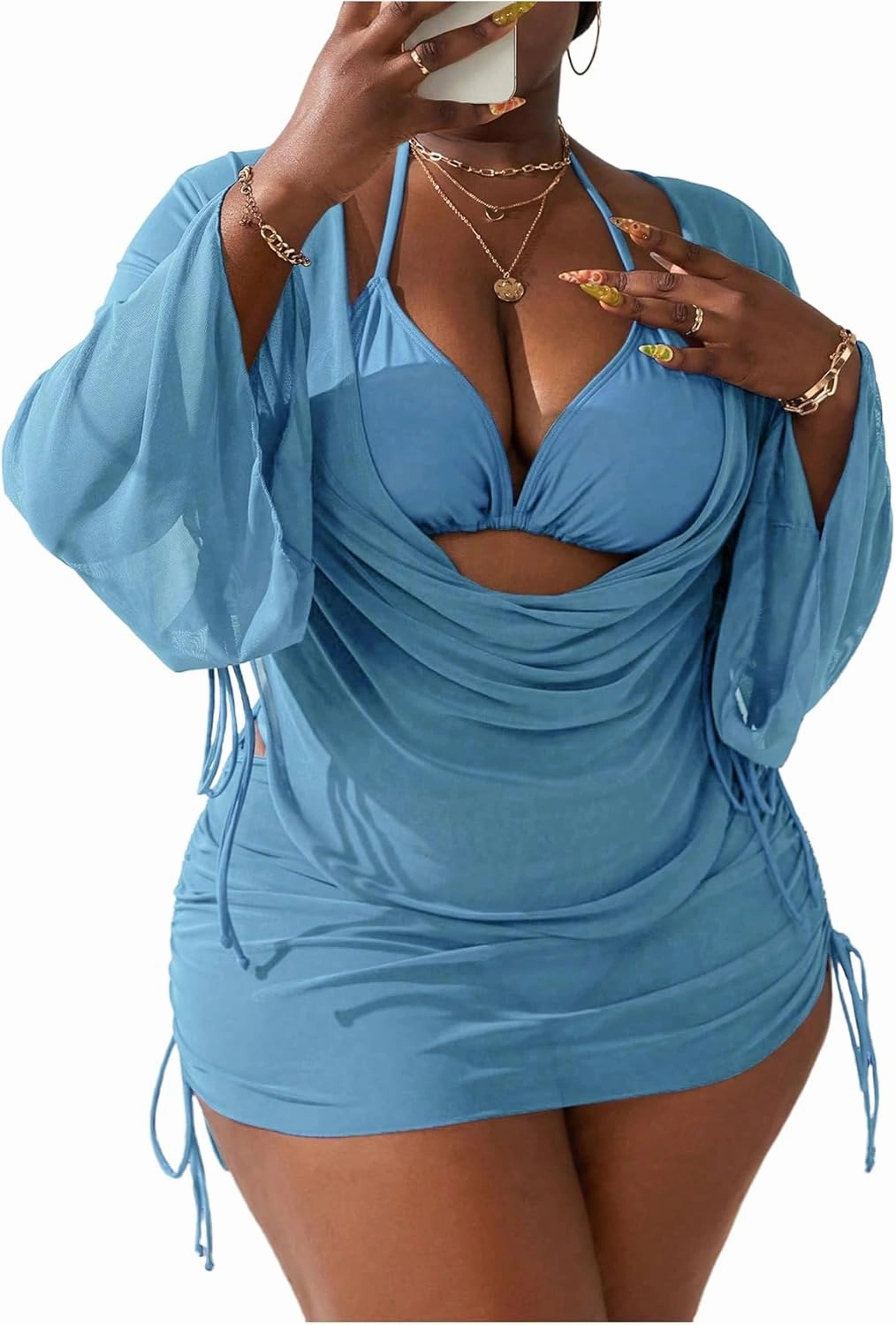 SOLY HUX Women's Plus Size Sexy 4 Piece Swimsuits Halter Bikini Sets with Drawstring Long Sleeve Cover Up Bathing Suit