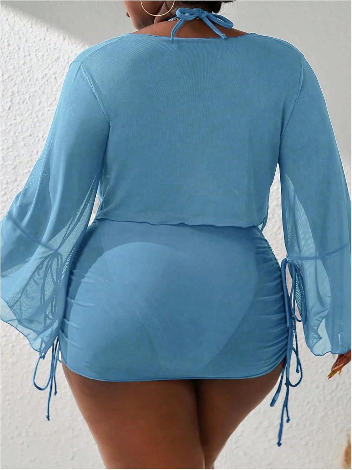 SOLY HUX Women's Plus Size Sexy 4 Piece Swimsuits Halter Bikini Sets with Drawstring Long Sleeve Cover Up Bathing Suit