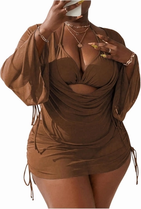 SOLY HUX Women's Plus Size Sexy 4 Piece Swimsuits Halter Bikini Sets with Drawstring Long Sleeve Cover Up Bathing Suit
