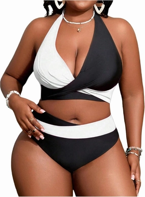 SOLY HUX Women's Plus Size Swimsuit Color Block Halter Criss Cross Bikini Sets Two Piece Bathing Suit