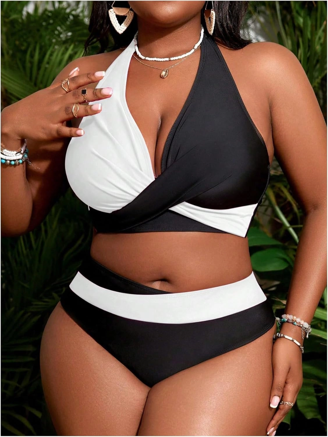 SOLY HUX Women's Plus Size Swimsuit Color Block Halter Criss Cross Bikini Sets Two Piece Bathing Suit