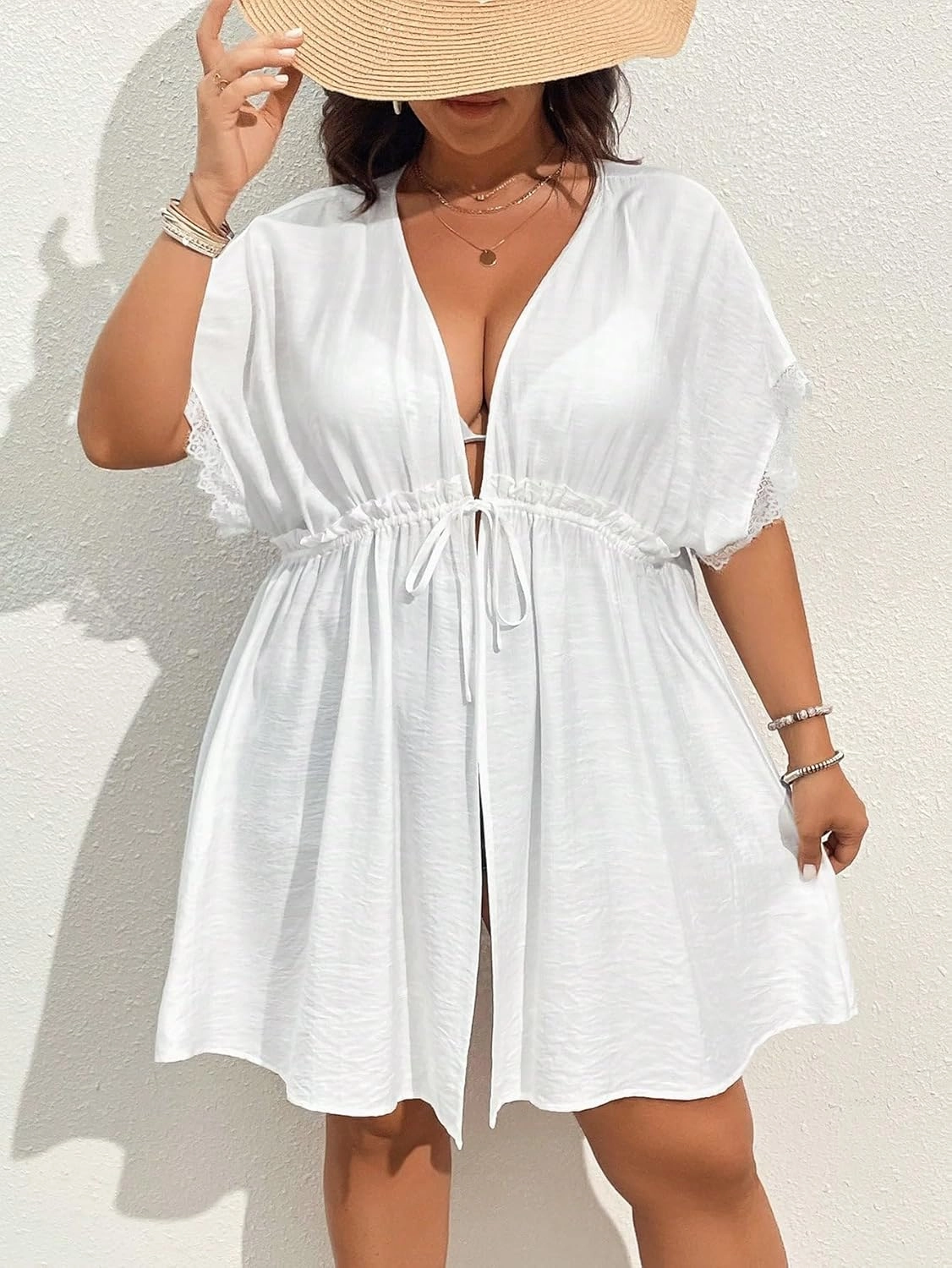 SOLY HUX Women's Plus Size Swimsuit Cover Up Kimono Lace Trim Tie Front Beach Cover Ups
