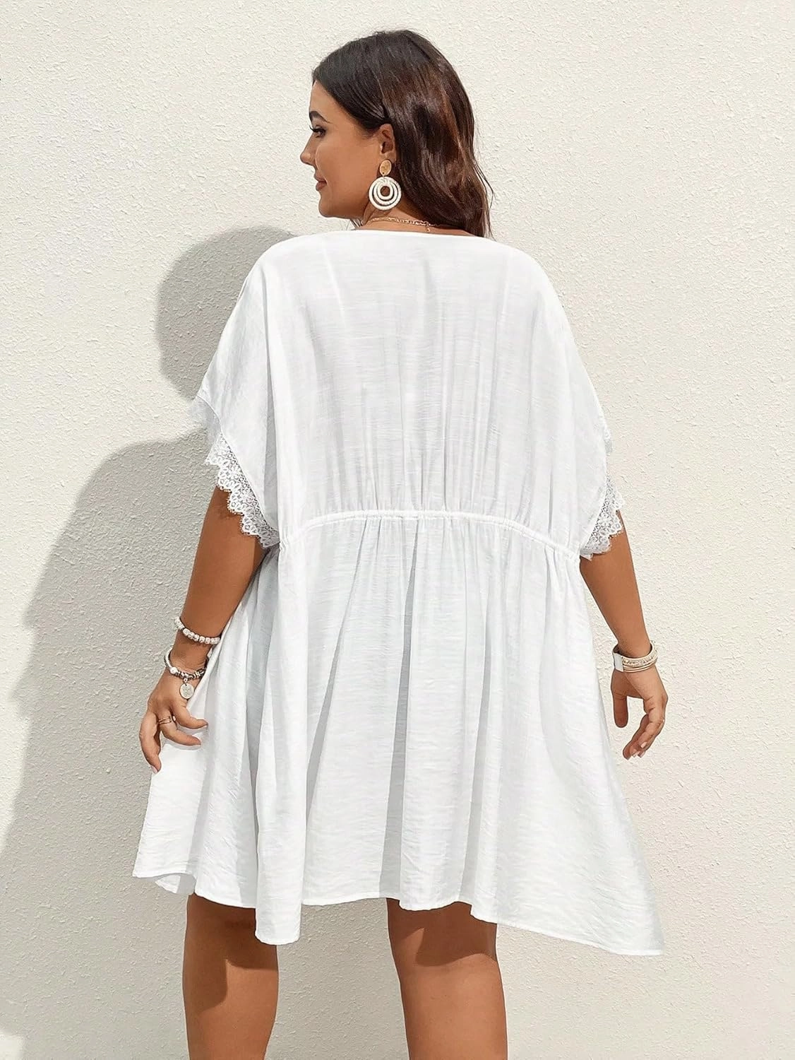 SOLY HUX Women's Plus Size Swimsuit Cover Up Kimono Lace Trim Tie Front Beach Cover Ups