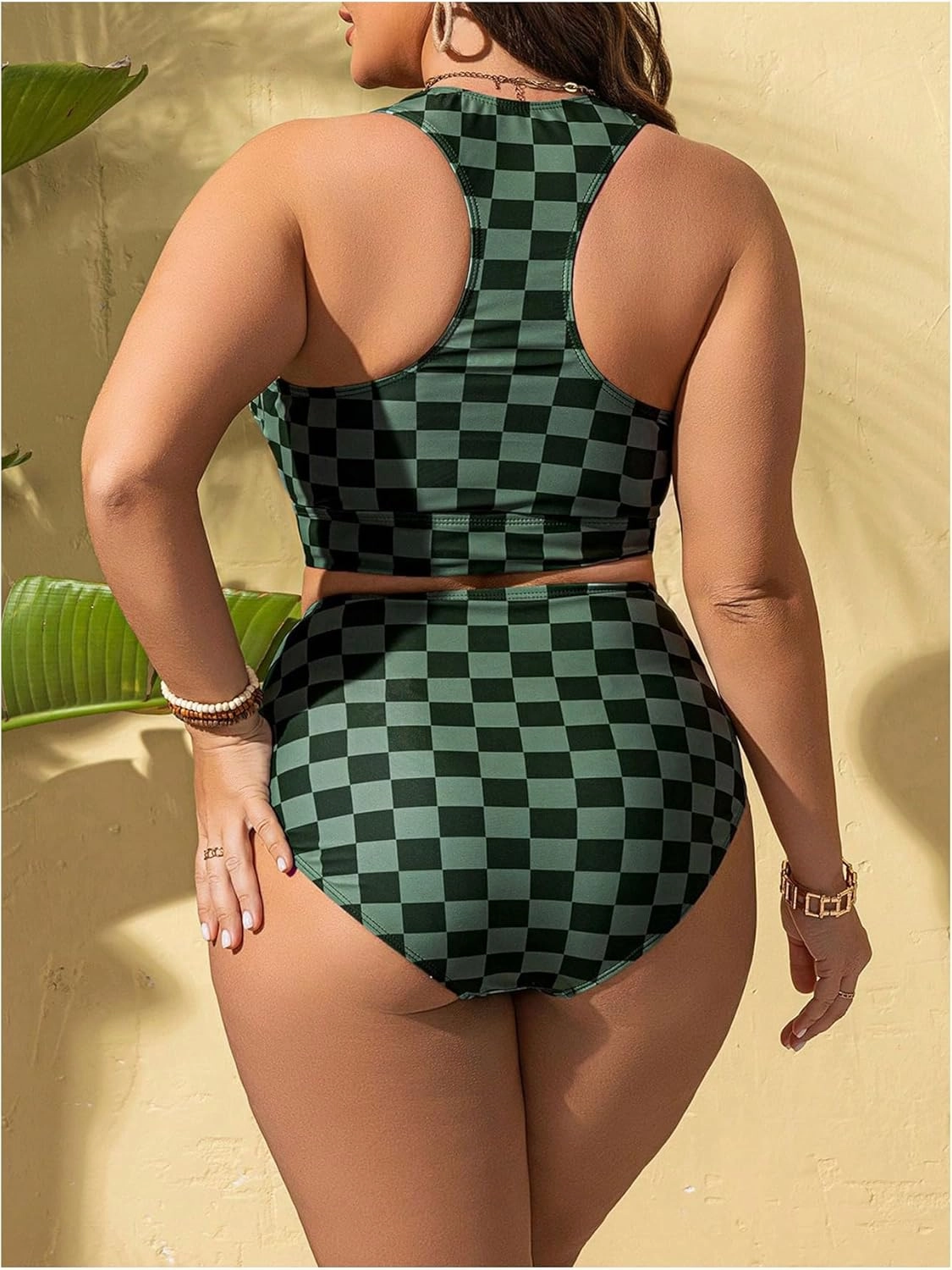 SOLY HUX Women's Plus Size Swimsuit Plaid Checkered Tie Front High Waisted Bikini Set Two Piece Bathing Suit