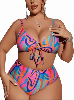 SOLY HUX Women's Plus Size Swimsuit Printed Tie Front 2 Piece Bikini Summer High Waist Bathing Suits