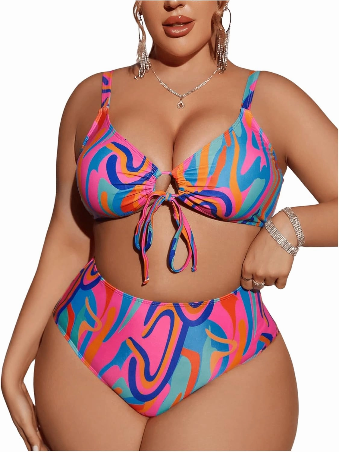 SOLY HUX Women's Plus Size Swimsuit Printed Tie Front 2 Piece Bikini Summer High Waist Bathing Suits