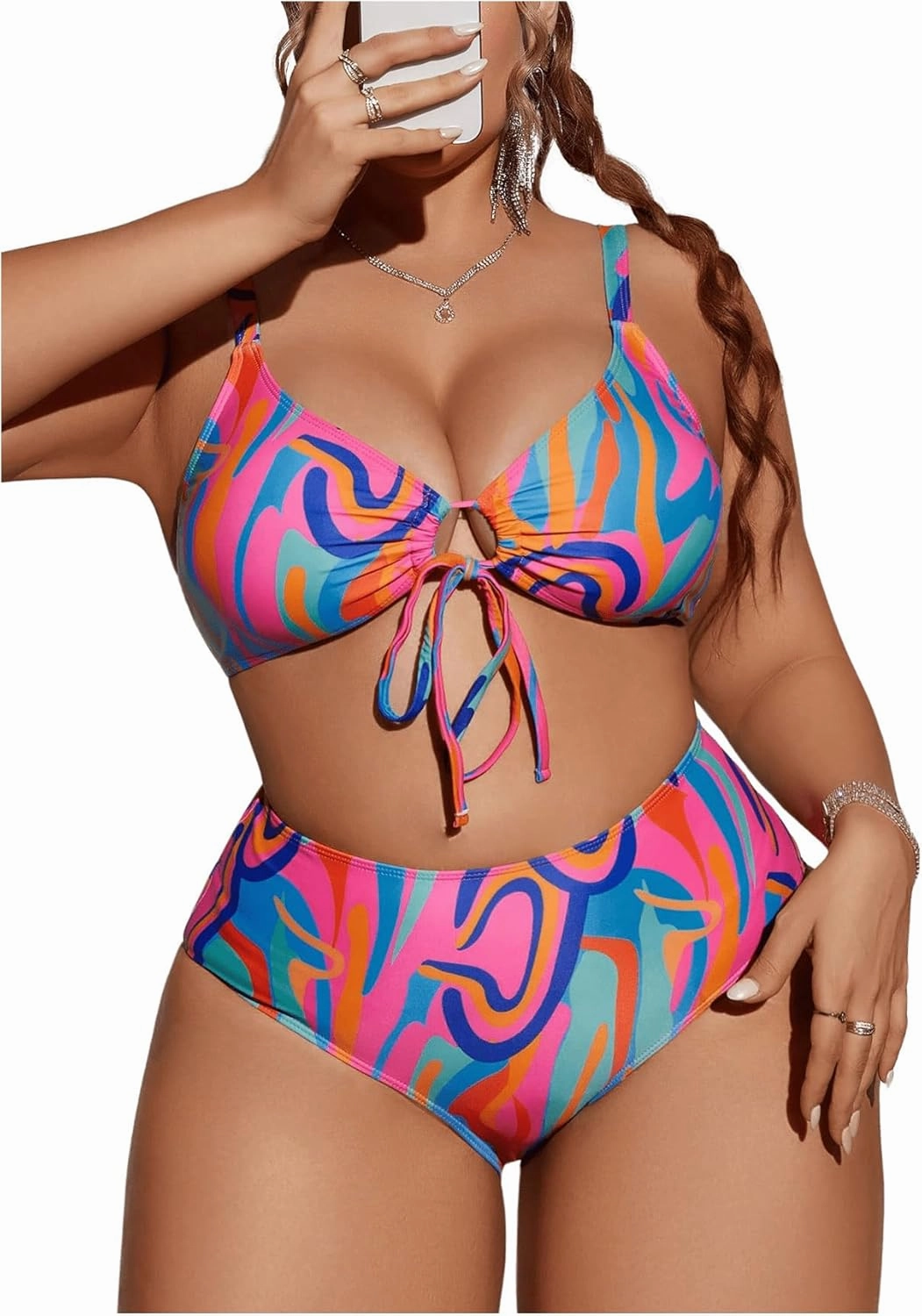 SOLY HUX Women's Plus Size Swimsuit Printed Tie Front 2 Piece Bikini Summer High Waist Bathing Suits