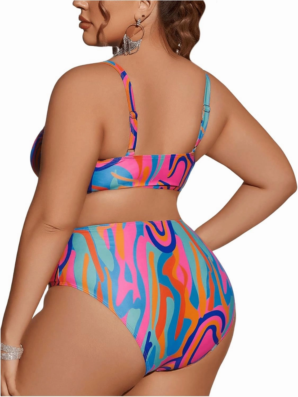 SOLY HUX Women's Plus Size Swimsuit Printed Tie Front 2 Piece Bikini Summer High Waist Bathing Suits