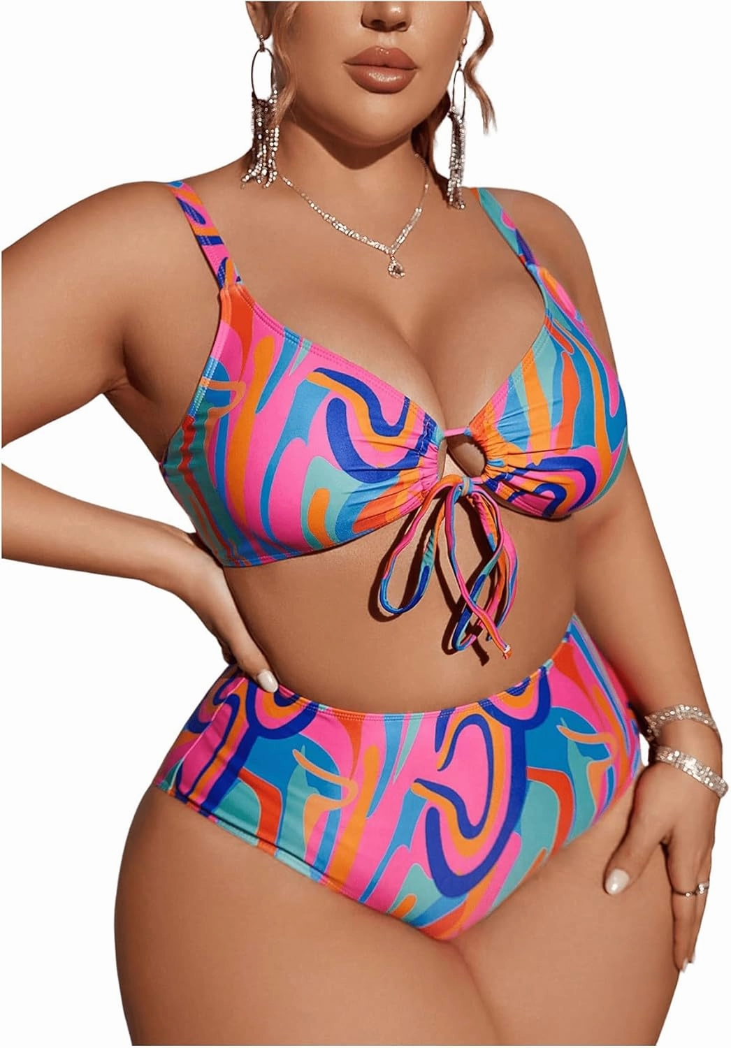 SOLY HUX Women's Plus Size Swimsuit Printed Tie Front 2 Piece Bikini Summer High Waist Bathing Suits