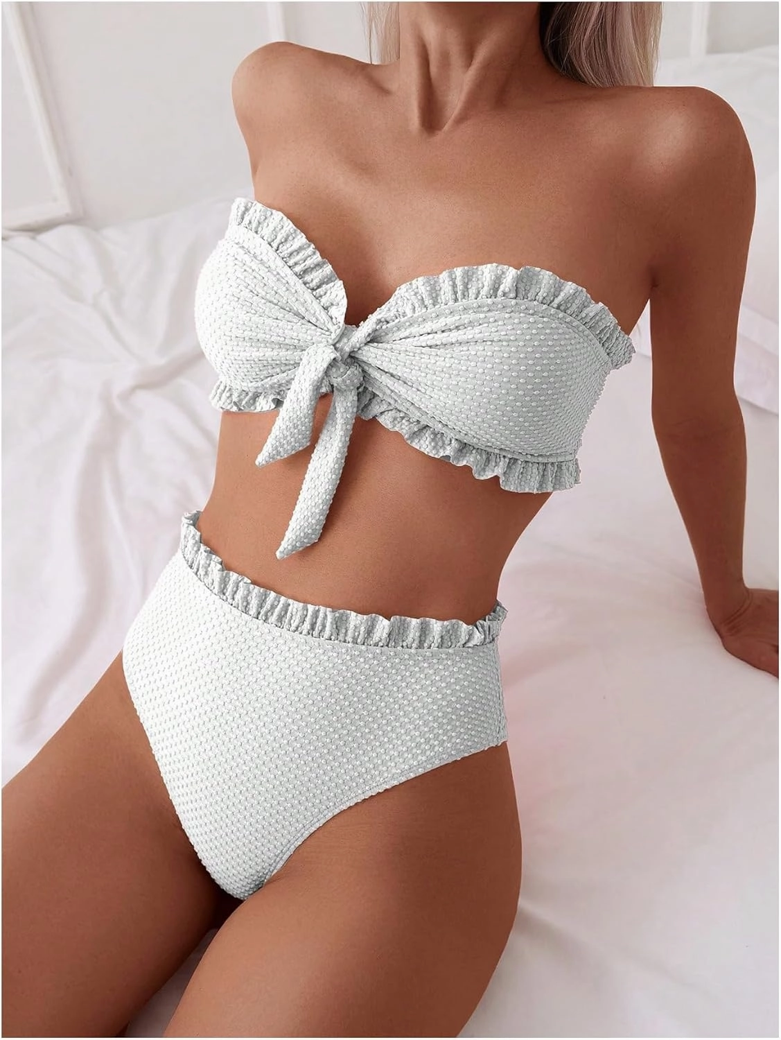 SOLY HUX Women's Ruffle Strapless Bikini Set 2 Piece Bandeau Swimsuit High Waist Bathing Suits