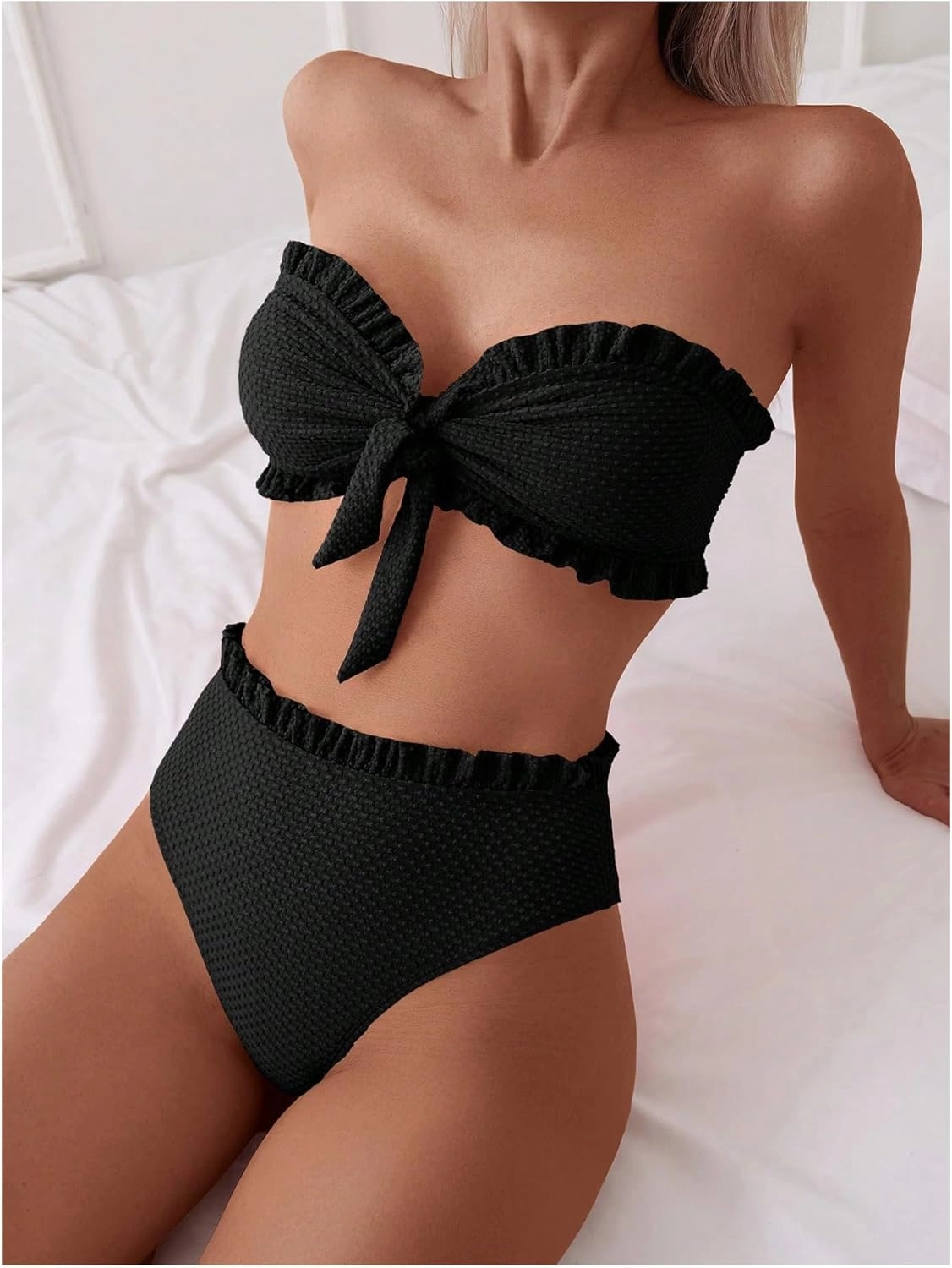 SOLY HUX Women's Ruffle Strapless Bikini Set 2 Piece Bandeau Swimsuit High Waist Bathing Suits