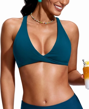 Soothfeel Bikini Tops for Women Push Up Padded Swim Top Twist Front Bathing Suit Criss Cross Back Tankini Swimsuit Top Only