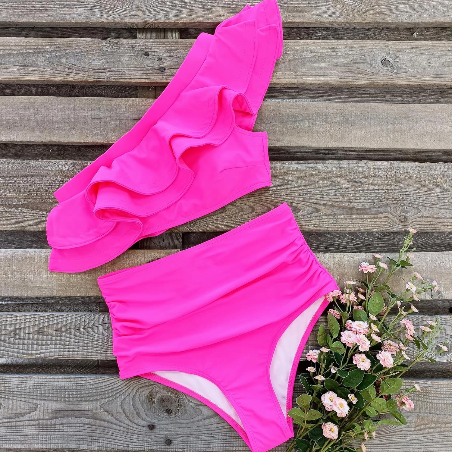 SPORLIKE Women High Waisted Swimsuit Flounce One Shoulder Bikini Padded Bathing Suit