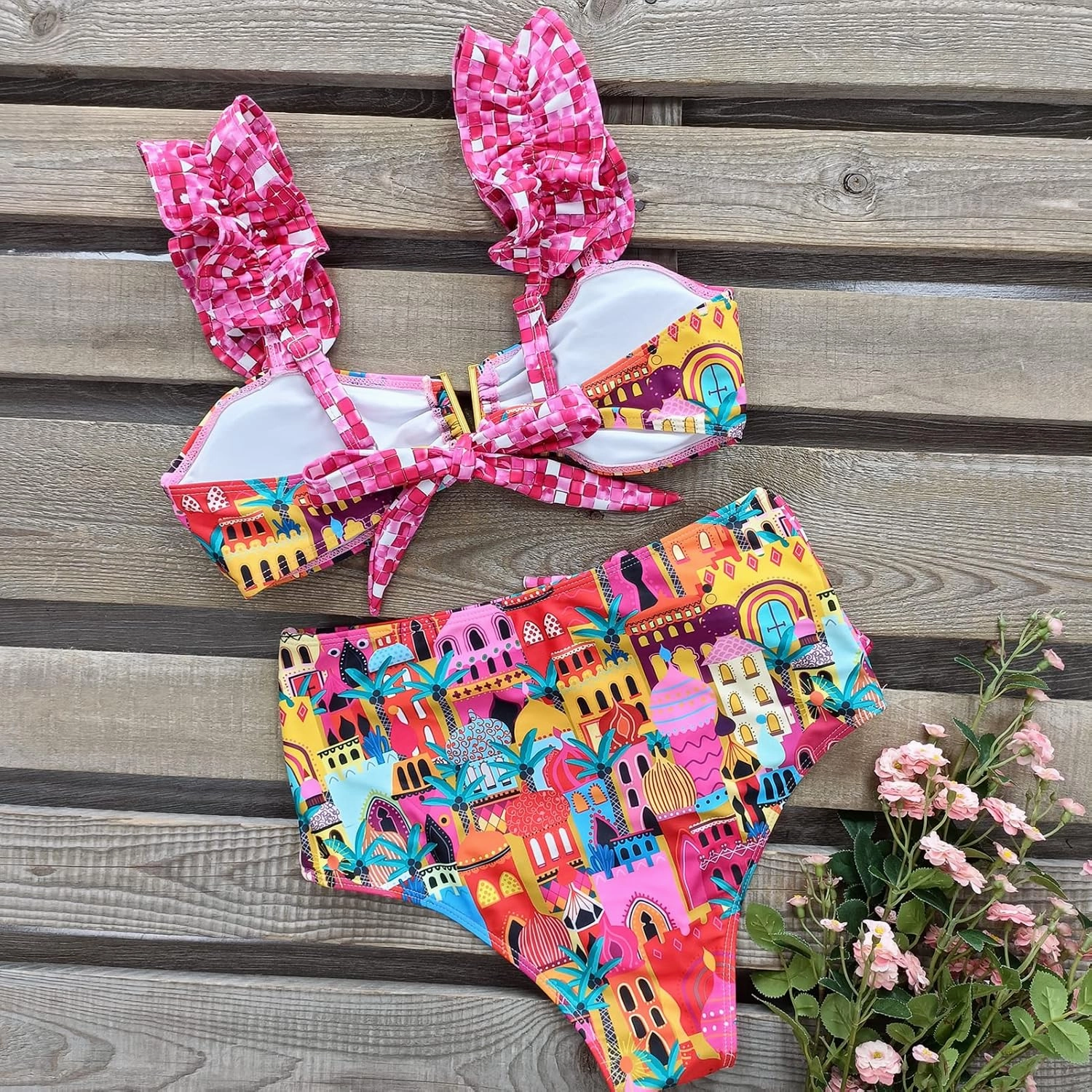 SPORLIKE Women High Waisted Swimsuit Flounce Straps Bikini Bathing Suit