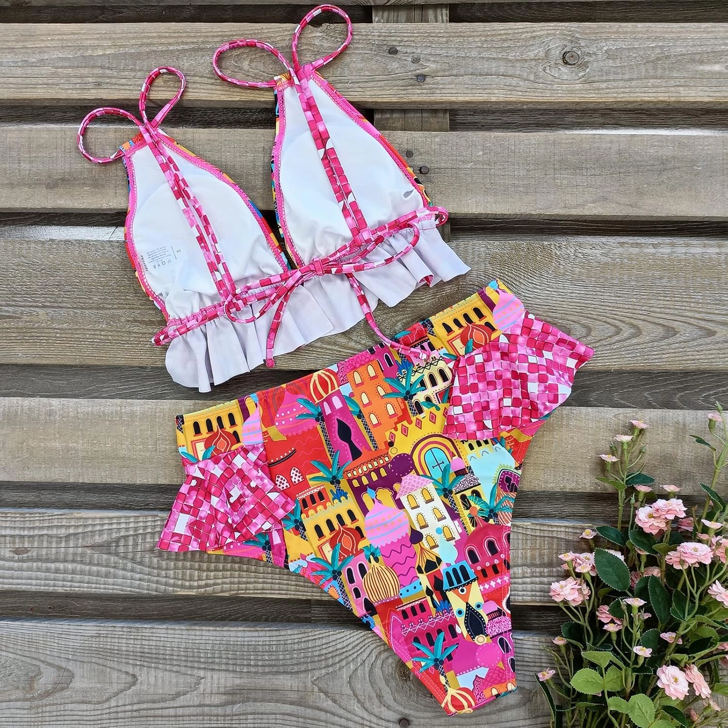 SPORLIKE Women High Waisted Swimsuit Ruffle V Neck Bikini Two Pieces Swimwear