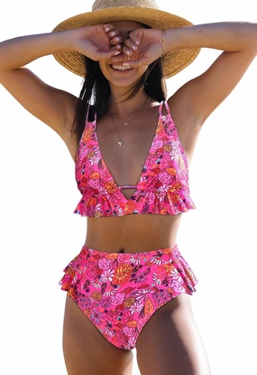SPORLIKE Women High Waisted Swimsuit Ruffle V Neck Bikini Two Pieces Swimwear