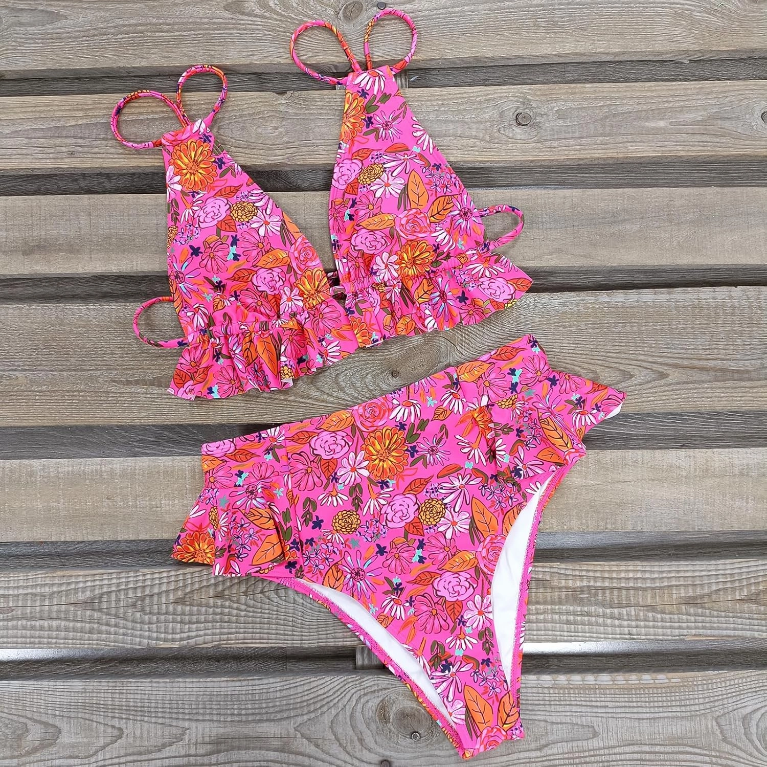 SPORLIKE Women High Waisted Swimsuit Ruffle V Neck Bikini Two Pieces Swimwear