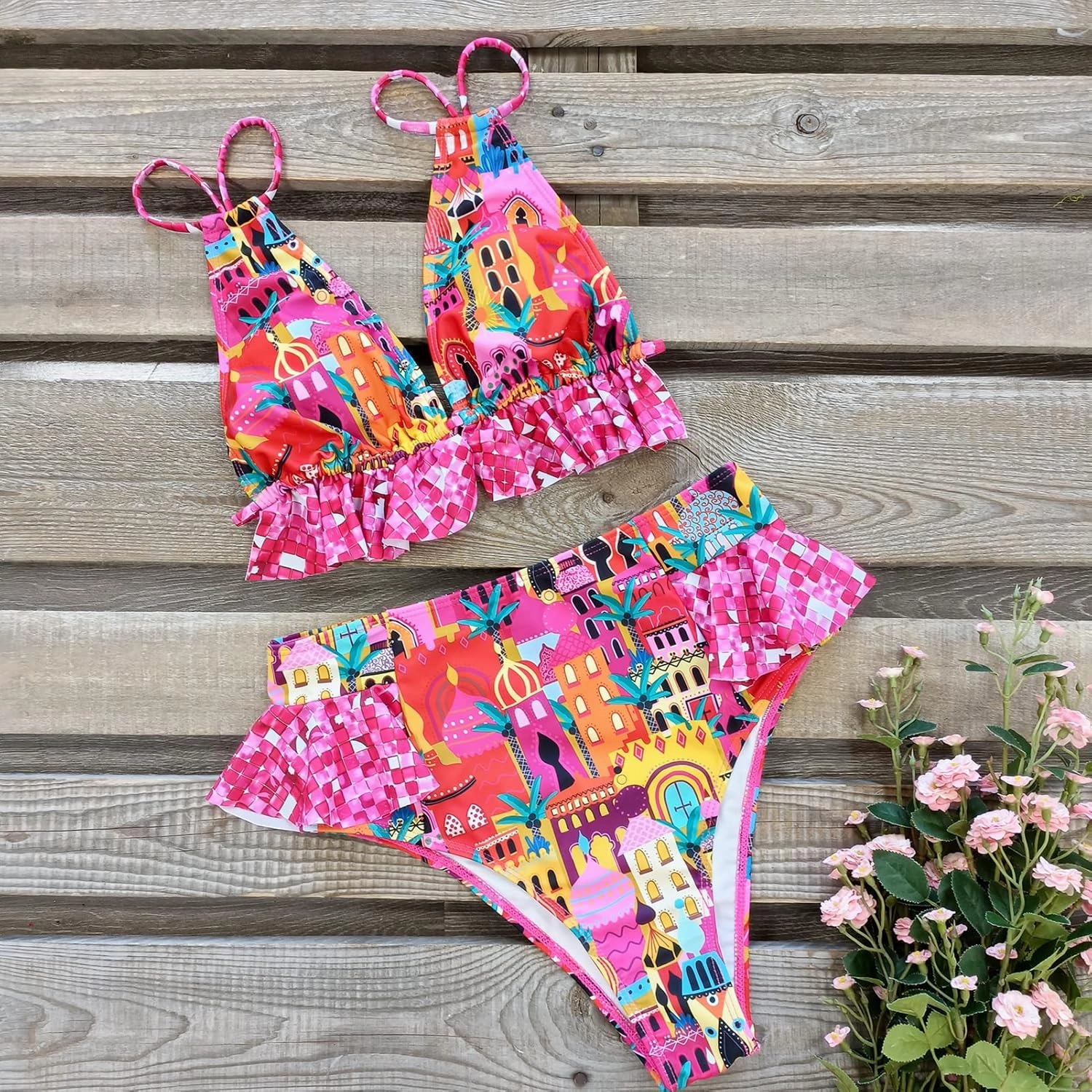 SPORLIKE Women High Waisted Swimsuit Ruffle V Neck Bikini Two Pieces Swimwear