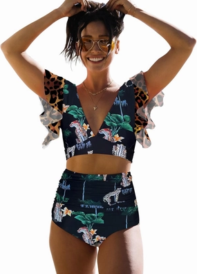 SPORLIKE Women High Waisted Swimsuit Ruffle V Neck Two Pieces Bikini Padded Bathing Suit