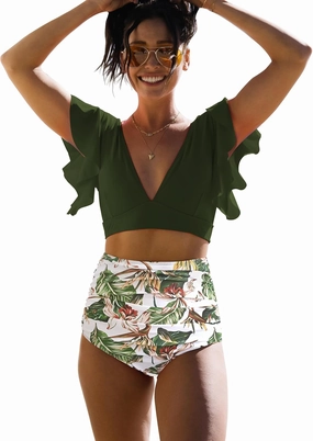 SPORLIKE Women High Waisted Swimsuit Ruffle V Neck Two Pieces Bikini Padded Bathing Suit