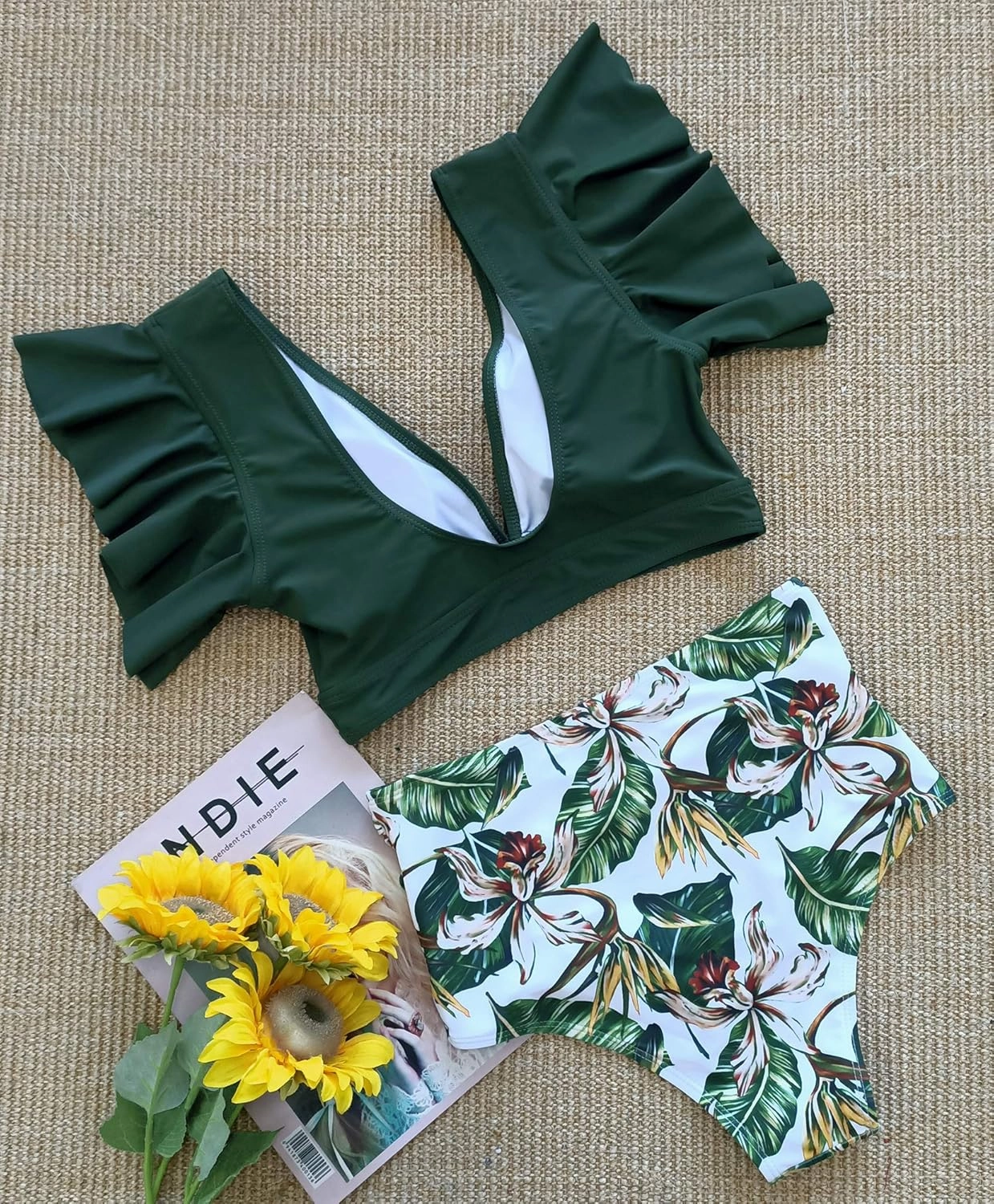 SPORLIKE Women High Waisted Swimsuit Ruffle V Neck Two Pieces Bikini Padded Bathing Suit