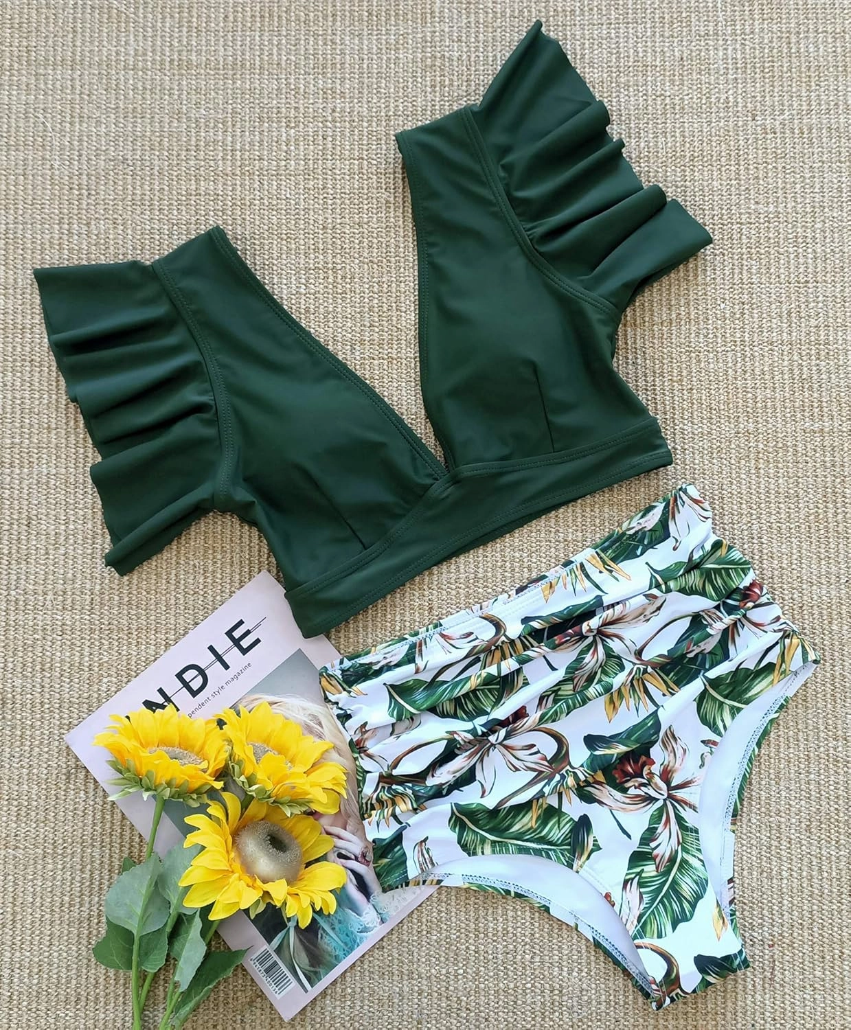 SPORLIKE Women High Waisted Swimsuit Ruffle V Neck Two Pieces Bikini Padded Bathing Suit