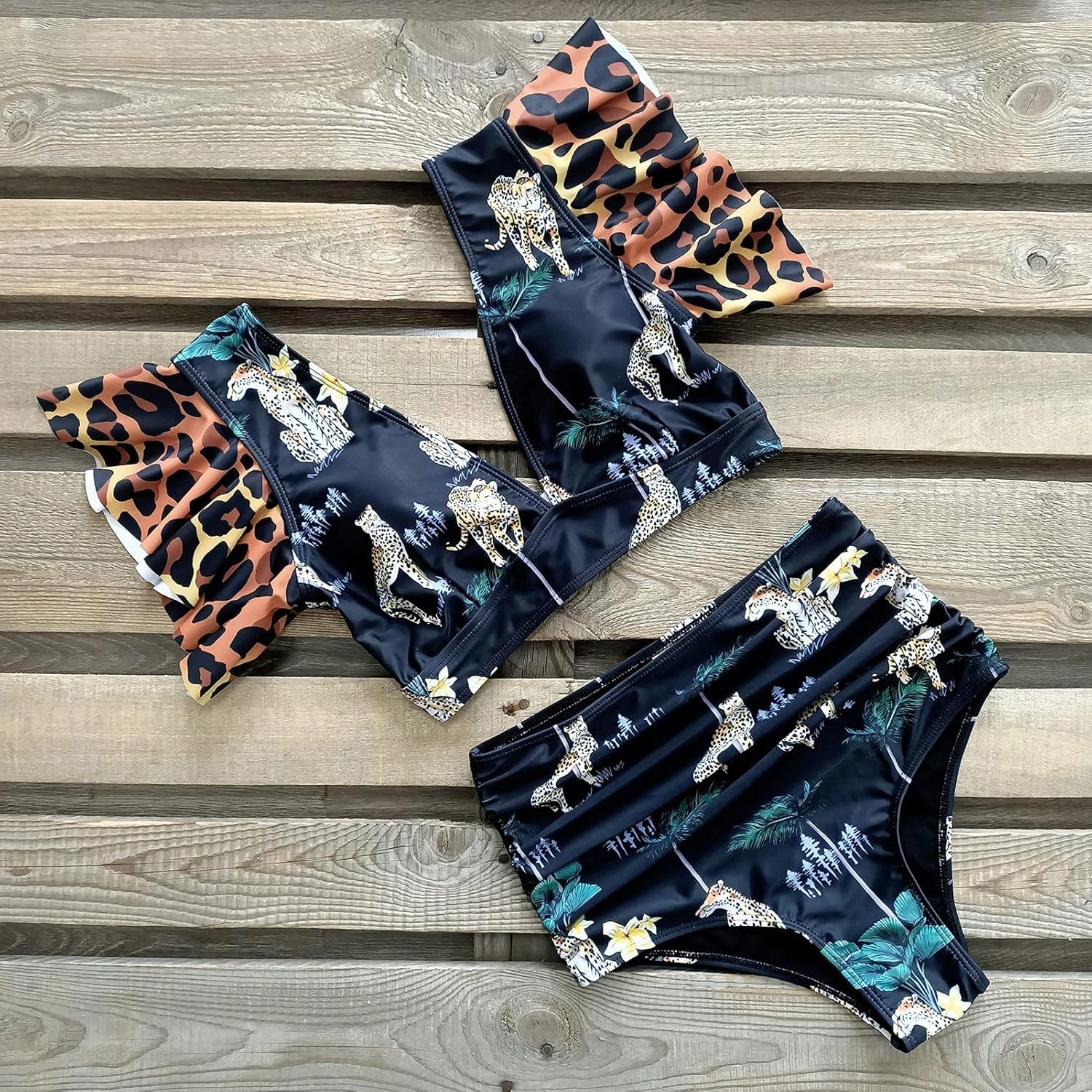SPORLIKE Women High Waisted Swimsuit Ruffle V Neck Two Pieces Bikini Padded Bathing Suit