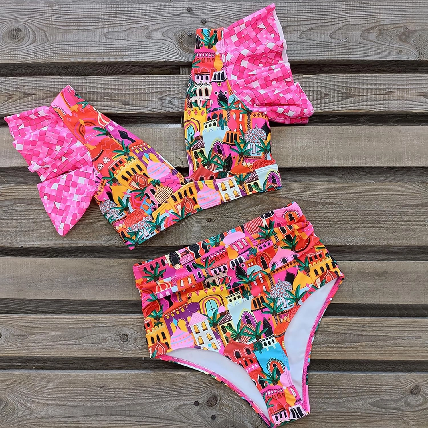 SPORLIKE Women High Waisted Swimsuit Ruffle V Neck Two Pieces Bikini Padded Bathing Suit