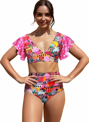 SPORLIKE Women High Waisted Swimsuit Ruffle V Neck Two Pieces Bikini Padded Bathing Suit