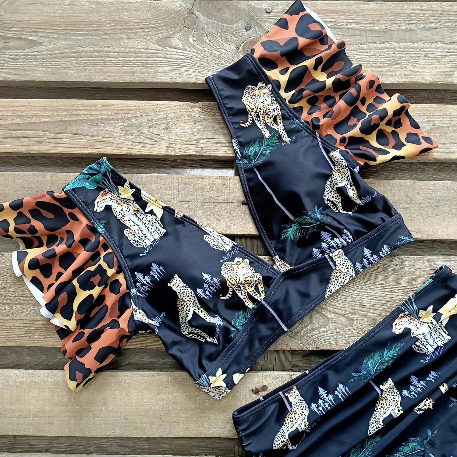 SPORLIKE Women High Waisted Swimsuit Ruffle V Neck Two Pieces Bikini Padded Bathing Suit