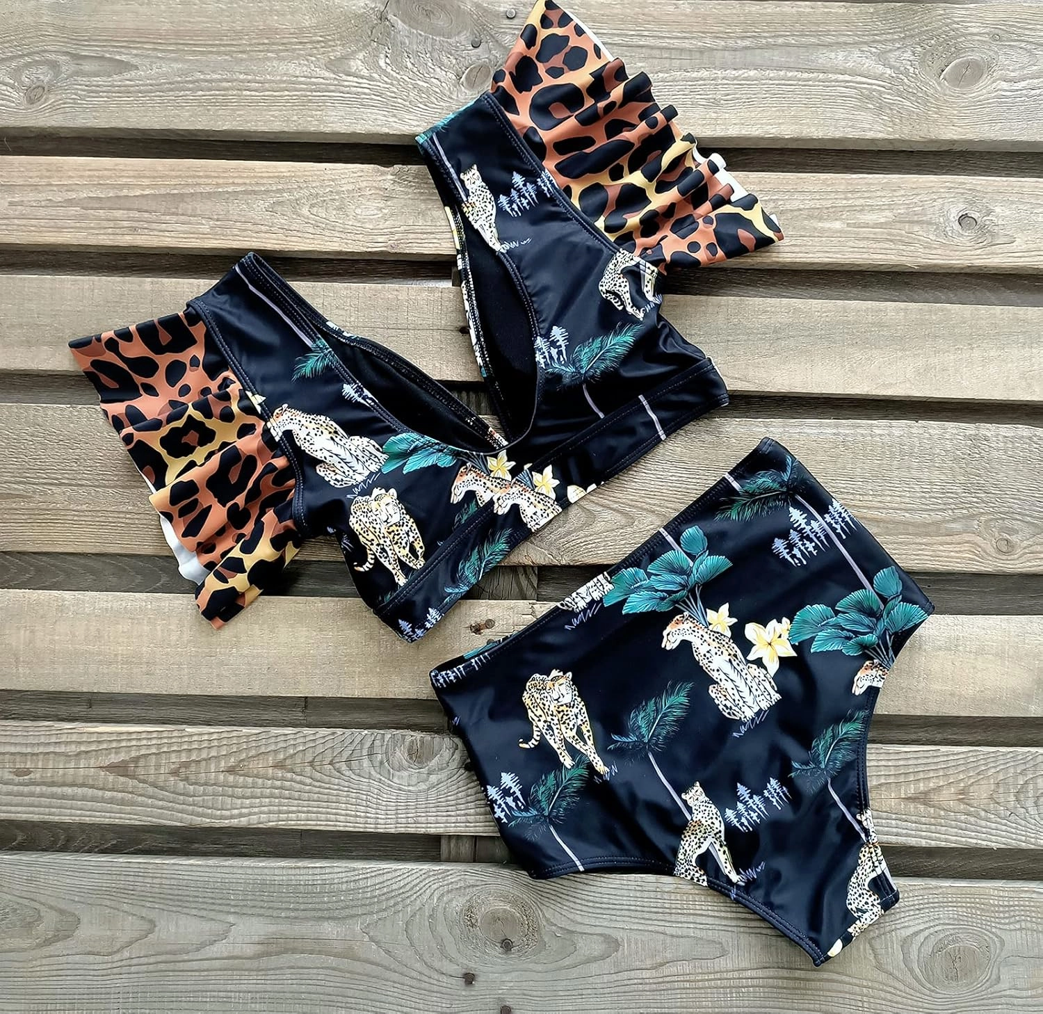 SPORLIKE Women High Waisted Swimsuit Ruffle V Neck Two Pieces Bikini Padded Bathing Suit