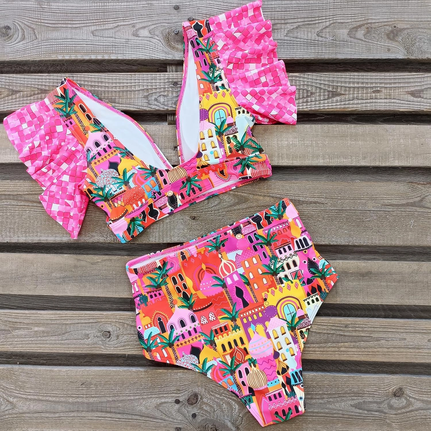 SPORLIKE Women High Waisted Swimsuit Ruffle V Neck Two Pieces Bikini Padded Bathing Suit