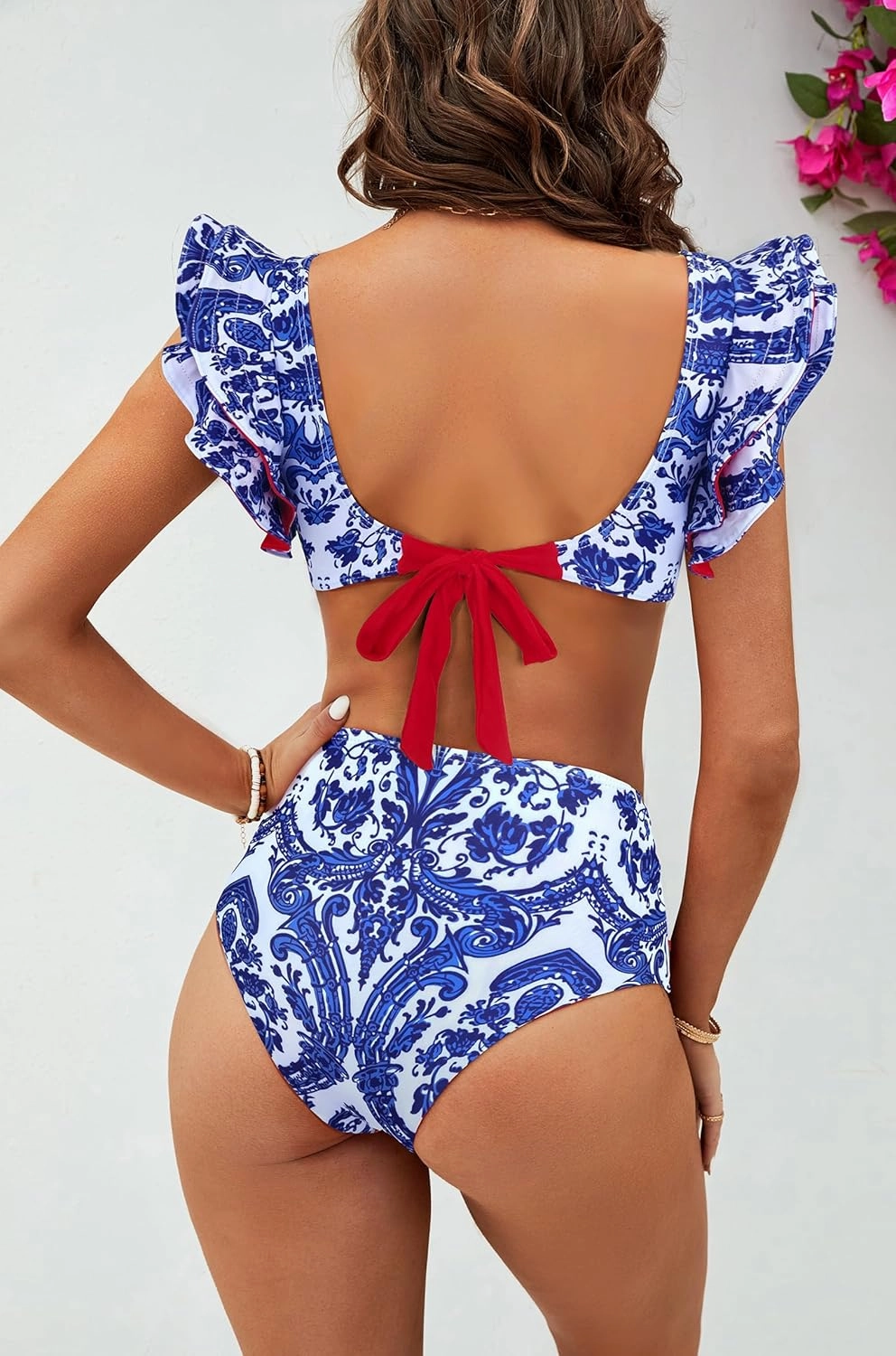 SPORLIKE Women Ruffle High Waist Swimsuit Two Pieces Push Up Tropical Print Bikini