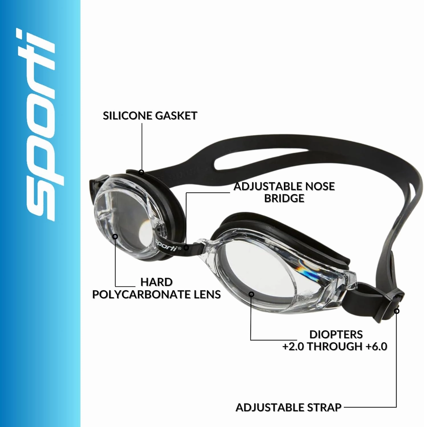 Sporti Unisex Adult Positive Optical Swimming Goggles, Antifog Swim Goggles for Men & Women, Shatter-resistant, Double Straps