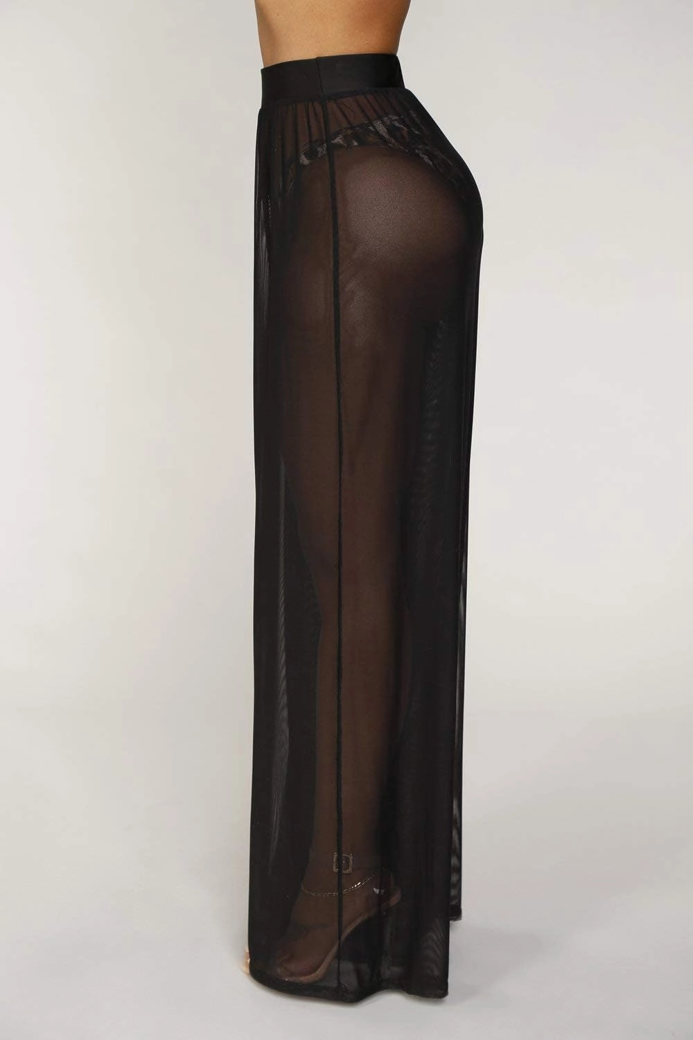 Springcmy Women Ruffle Sheer Mesh Pants See Through Bikini Bottom Swimsuit Cover up Wide Leg Beach Pants
