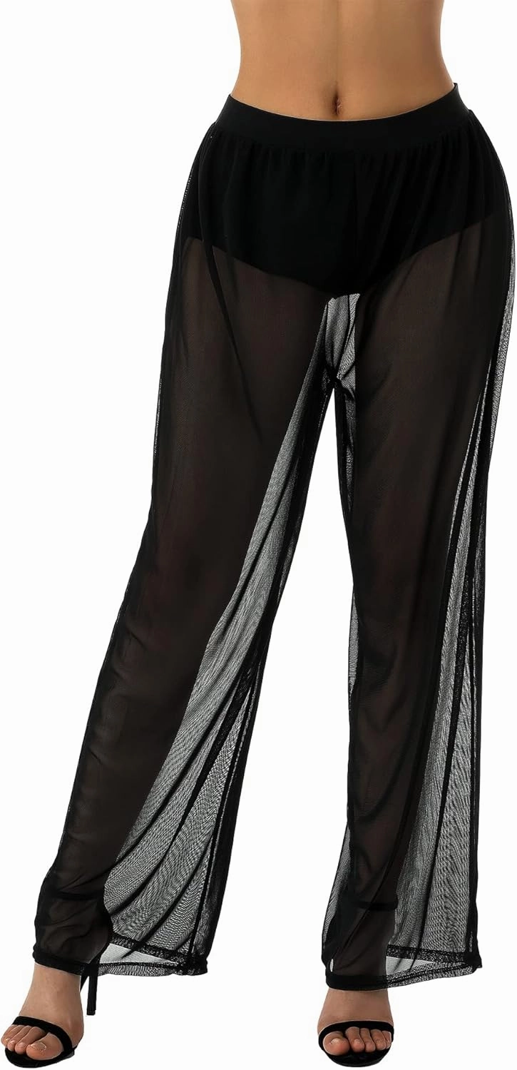 Springcmy Women Ruffle Sheer Mesh Pants See Through Bikini Bottom Swimsuit Cover up Wide Leg Beach Pants