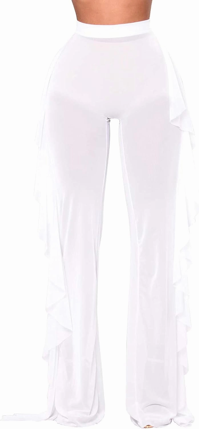 Springcmy Women Ruffle Sheer Mesh Pants See Through Bikini Bottom Swimsuit Cover up Wide Leg Beach Pants