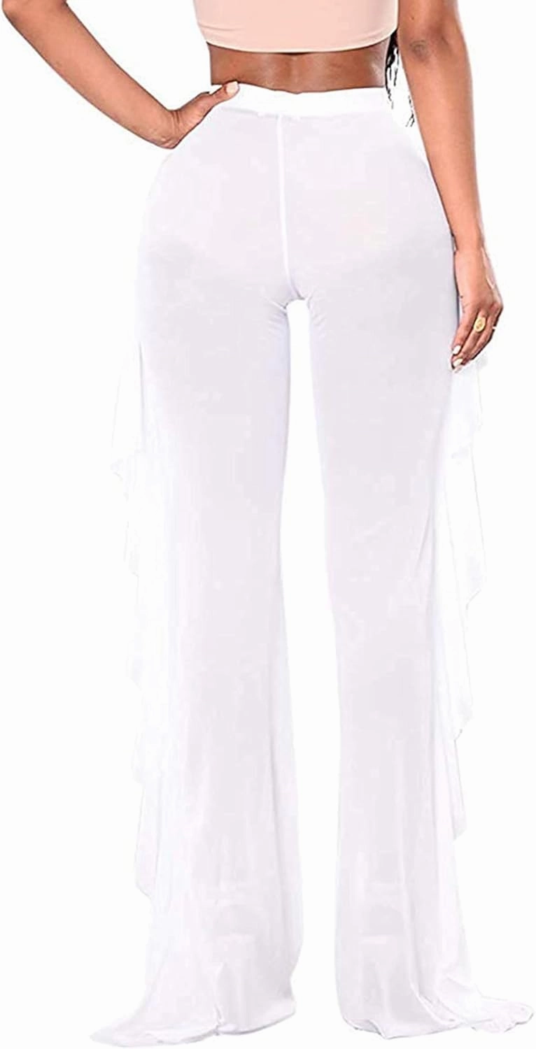 Springcmy Women Ruffle Sheer Mesh Pants See Through Bikini Bottom Swimsuit Cover up Wide Leg Beach Pants