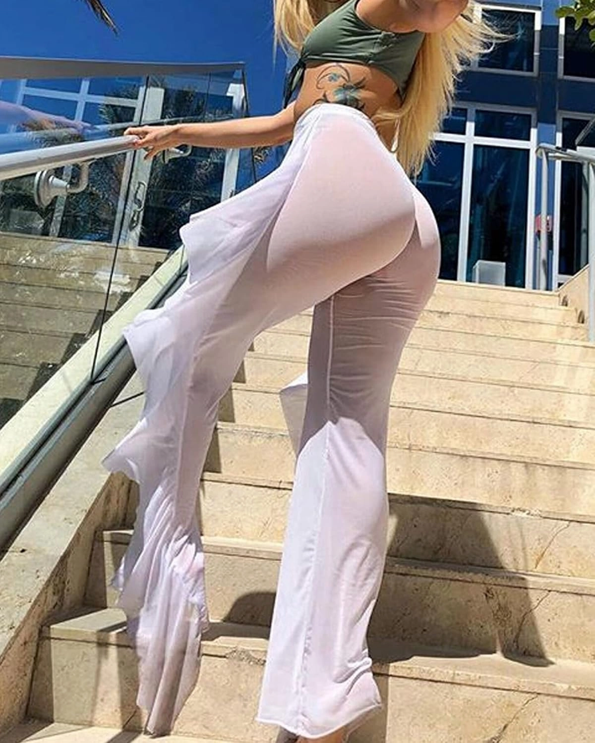 Springcmy Women Ruffle Sheer Mesh Pants See Through Bikini Bottom Swimsuit Cover up Wide Leg Beach Pants