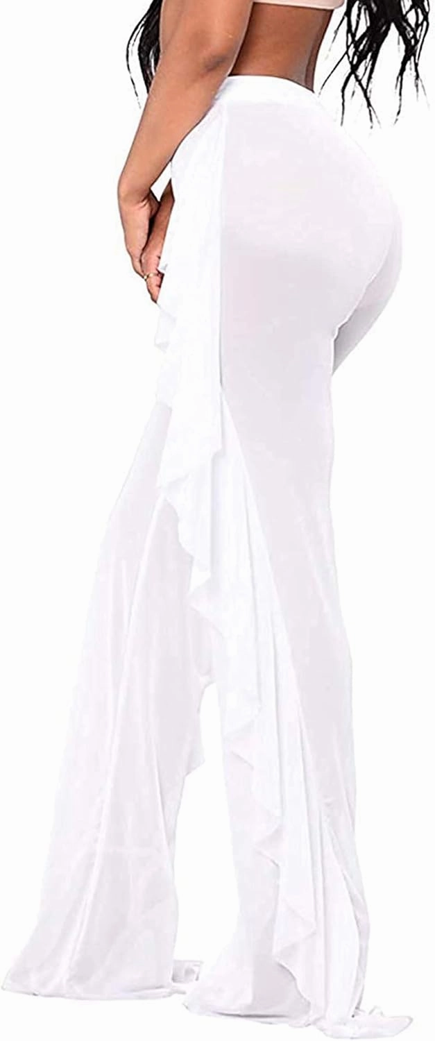 Springcmy Women Ruffle Sheer Mesh Pants See Through Bikini Bottom Swimsuit Cover up Wide Leg Beach Pants