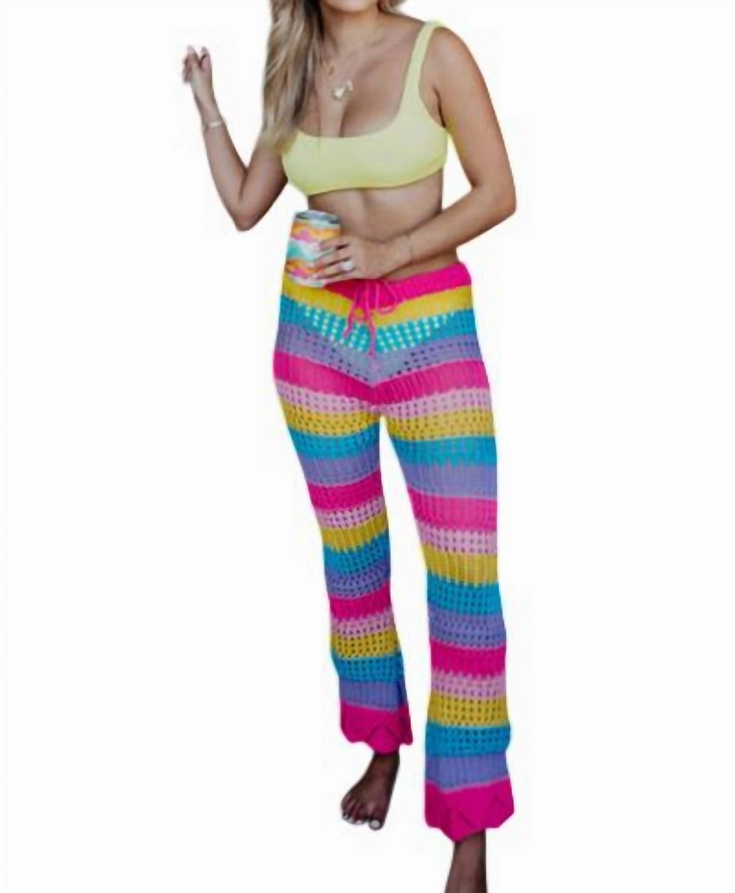 Stripes Crochet Beach Pants In Neon Rainbow
