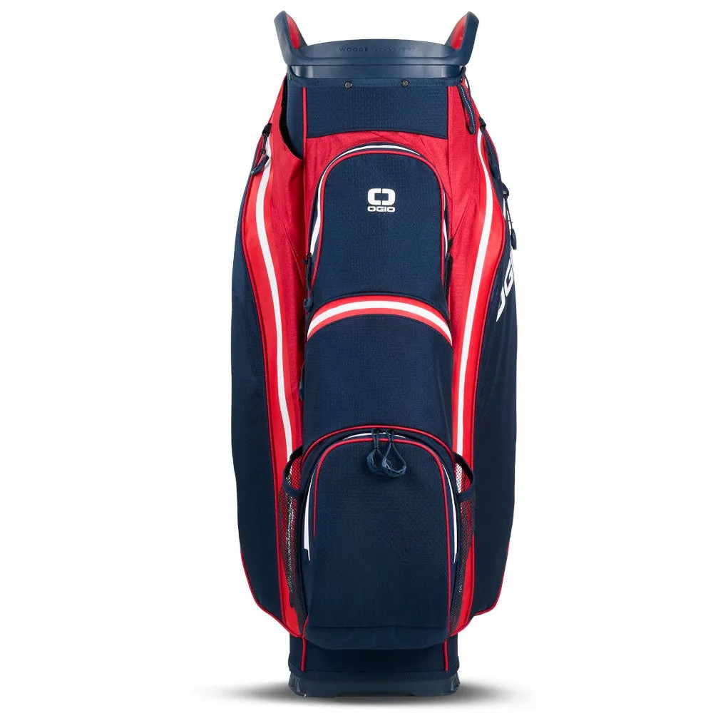 OGIO All Elements Silencer Waterproof Cart Bag - Red/White/Blue, Golf belt with ball marker, Fingerless golf gloves, Adidas golf shoes