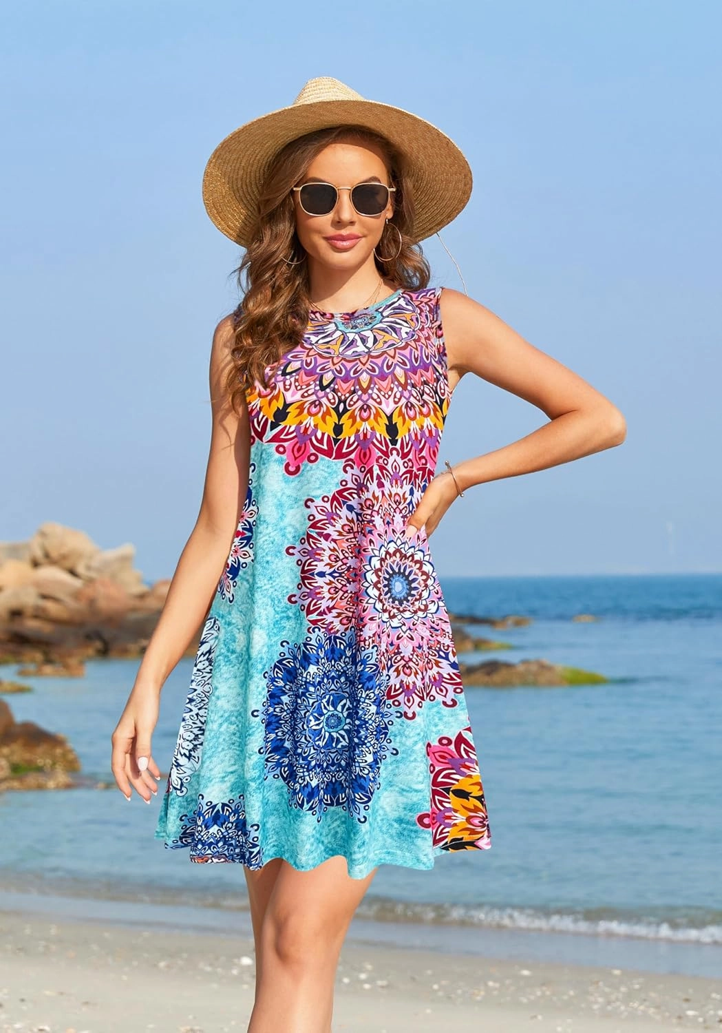 Summer Dresses for Women 2025 Casual Sundresses Beach Cover Ups Sleeveless Tshirt Swing Dress with Pockets