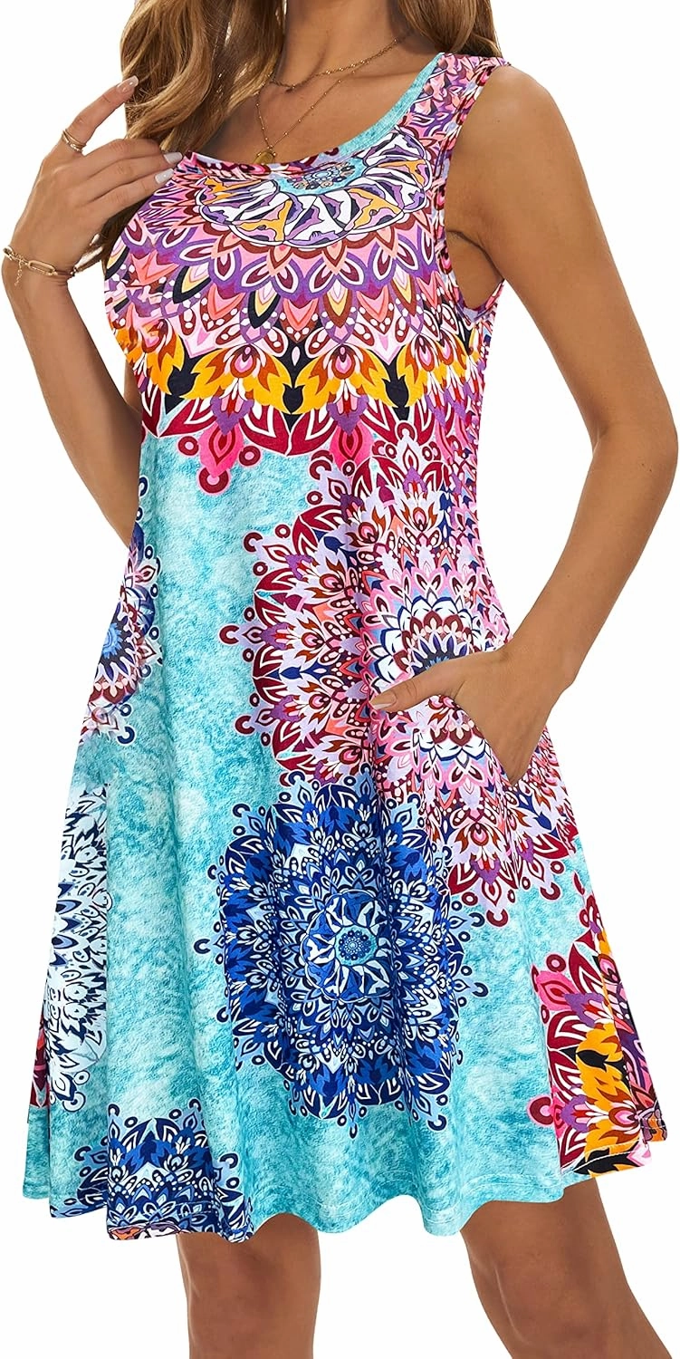 Summer Dresses for Women 2025 Casual Sundresses Beach Cover Ups Sleeveless Tshirt Swing Dress with Pockets