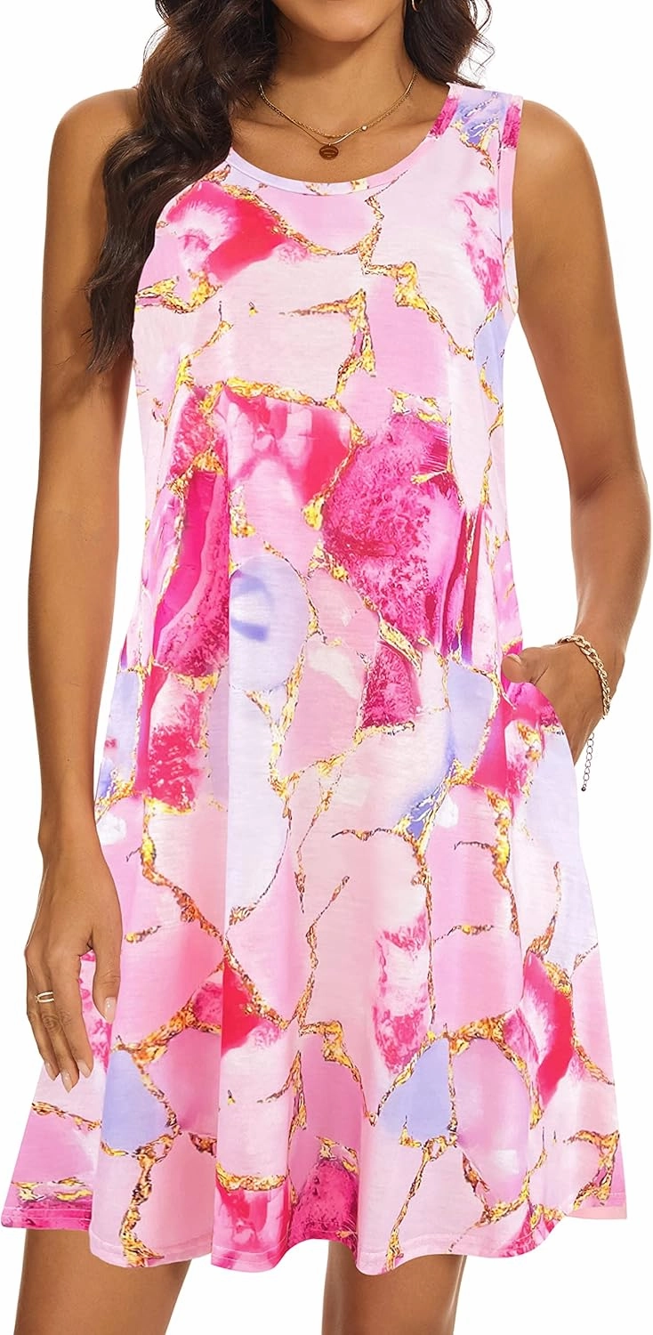 Summer Dresses for Women 2025 Casual Sundresses Beach Cover Ups Sleeveless Tshirt Swing Dress with Pockets