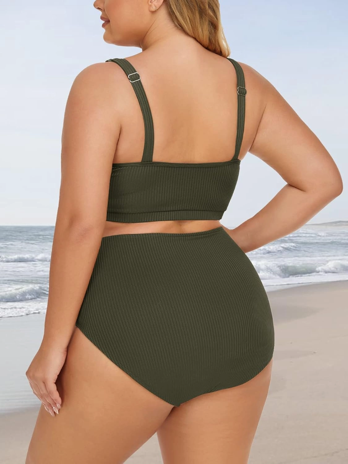 Summer Mae Plus Size Women Ribbed Bikini Set Two Piece High Waist Swimsuit Scoop Top Tummy Control Bathing Suit Swimwear